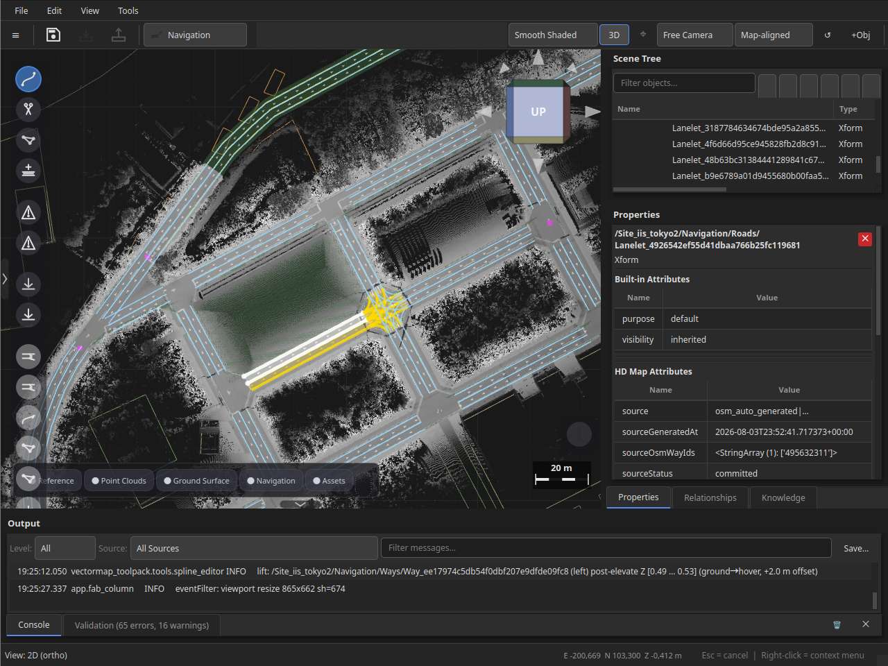 Veer Studio visualizing a LiDAR point cloud with aligned Lanelet2 lane skeletons