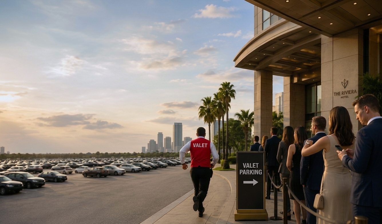 A queue of autonomous valet vehicles waiting at a drop-off point.